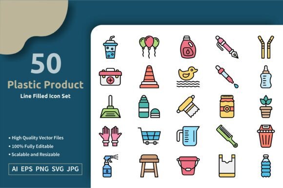 50 Vector Plastic Product Filled Icon Graphics Asset Review
