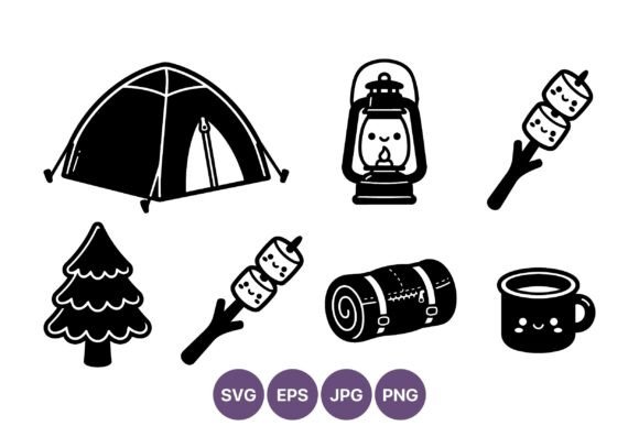 Camping Vector Tent Lantern Marshmallow Graphics & Illustrations