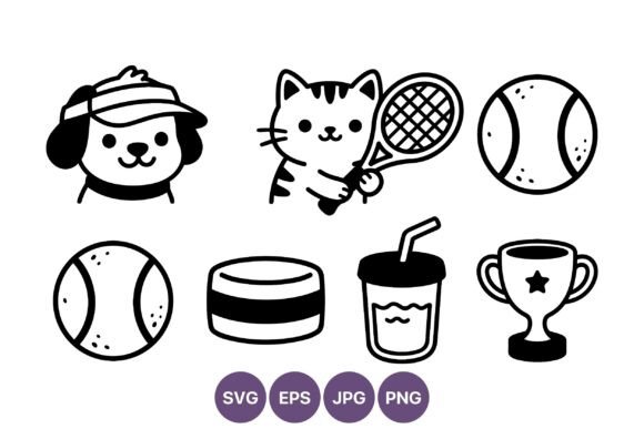 Cat Holding Tennis Racket and Dog with: Playful Graphics & Illustrations