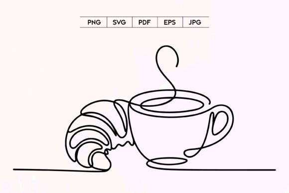 Coffee Cup Croissant Line Art SVG File for Graphics & Illustrations