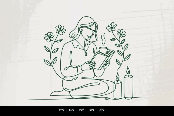 Cozy Reading and Coffee Line Art Vector: Graphics & Illustrations