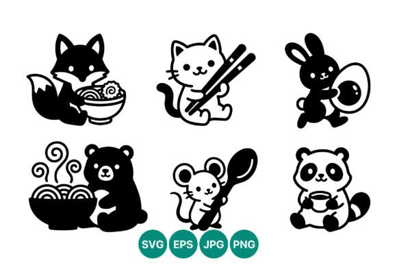 Cute Black White Animals Eating Food Graphics & Illustrations Review