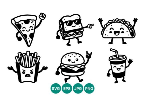 Cute Cartoon Fast Food Characters Vector: Graphics & Illustrations
