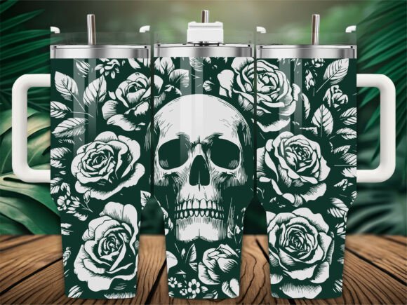 Dark Teal Rose Skull Graphics for Crafts