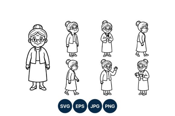 Elderly Woman Line Art: Graphics & Illustrations