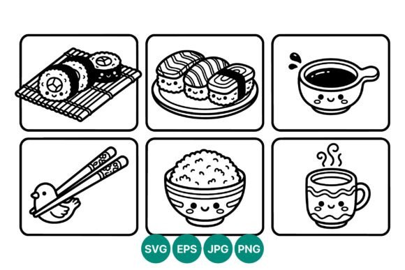 Kawaii Sushi Rice and Tea Line Art Graphics & Illustrations