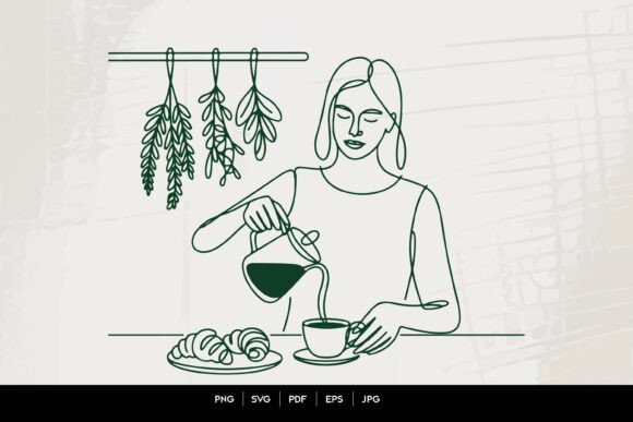 Woman Pouring Coffee Line Art Graphics for Modern Branding